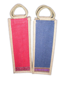 Reusable 2-6 Bottle Jute Fabric Wine Bottle <b>Bag</b> with Handle Geometric Pattern Medium Size ZARI Border-Lowellcraft - Product Image 5