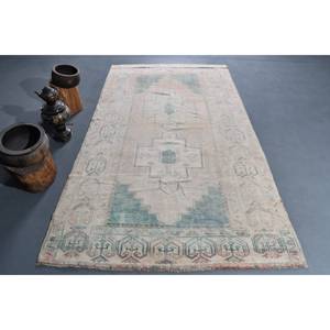 Tapis Vintage Turc 4.8x8.6ft Vert Beige Laine Latex Rectangulaire Forme Abstraite Tabriz pour Entrée Couloir 9x12 Rectangulaire - Product Image 1
