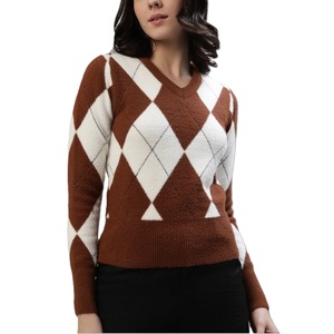 Cárdigan de Argyle suave de calidad Premium para mujer, ropa de invierno cómoda de tendencia superior con cuello en V, suéter superior de Venta caliente - Product Image 6