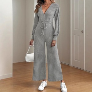 Mono ajustado de cintura alta de otoño con cuello en V con cordones sin mangas Color sólido pierna ancha 100% poliéster nuevos estilos 100K + vendido - Product Image 3