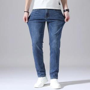 2025 dernière conception Logo personnalisé enduit hommes taille haute léger Style droit Denim pantalon taille élastique grande taille mi 100% coton - Product Image 2