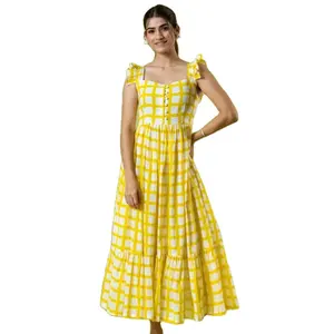 Yellow Gingham Dress Casual Dress for Womens closed neck Cotton Women Dress from Indian Manufacturer and Exporter