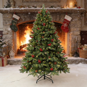 <span class=keywords><strong>Sapin</strong></span> de Noël artificiel pré-éclairé avec baies rouges, pommes de pin, lumières <span class=keywords><strong>LED</strong></span> blanc chaud, <span class=keywords><strong>sapin</strong></span> réaliste avec support en métal - Product Image 1