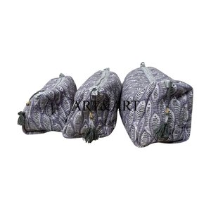 Ensemble de 3 pochettes zippées en coton matelassé cousues à la main, fabriquées traditionnellement avec logo personnalisé, sac de maquillage écologique - Product Image 2