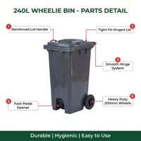 Bacs à ordures HDPE 240L à haute résistance aux chocs, écologiques, avec couvercles, robustes, pour extérieur, avec roues à frein et bouchon de vidange