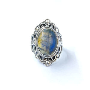 Fashionable Labradorite <b>Ring</b> (8.7 Grams) Adjustable 18K Rose Gold Plated <b>Moon</b> Shape Bezel Setting Trendy Fashion <b>Rings</b> Gift - Product Image 1