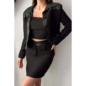 Black Triple <b>Leather</b> Trimmed <b>Jacket</b> And Trousers Set - Black - Product Image 5
