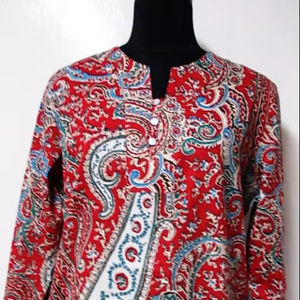 Kurti Largo Recto para Usar en Verano, Estampado de Paisley y Flores Rojas, con Mangas 3/4 - Product Image 1