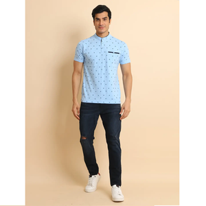 Camiseta con cuello Mandarín de alta calidad, 100% algodón, Media manga, ajuste Regular, diseño único de bolsillo de hueso, cómodo para uso diario - Product Image 1