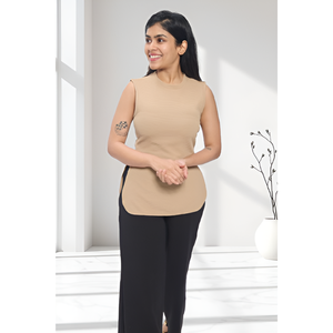 Haut sans manches beige à la mode pour femmes col rond fente latérale Spandex mélange décontracté été superposition et vêtements en solo - Product Image 2