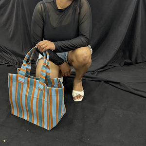 กระเป๋าตลาดไนลอนคุณภาพสูงแบบใช้ซ้ำได้ เป็นมิตรกับสิ่งแวดล้อม ผลิตจากวัสดุรีไซเคิล RPET ลายทาง ทอมือ สามารถปรับแต่งได้ เหมาะสำหรับใส่เครื่องสำอาง - Product Image 1