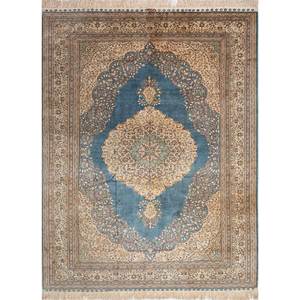 Tapis en soie viscose noués à la main Gulmarg Blue - Pae-5662 - Grand tapis traditionnel chinois à motif médaillon pour la maison, les chambres d'adolescents et les couloirs - 10 mm - Product Image 1
