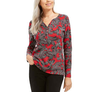 Top Henley rosso da donna di Karen Scott, taglia piccola, con decorazioni a pois, top per il tempo libero - Product Image 1