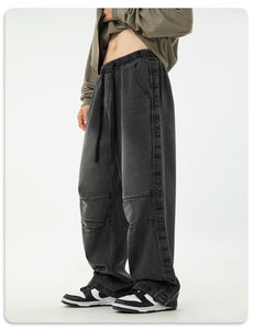 Pantalon en jean noir coupe classique, denim délavé vintage avec motif patchwork, taille haute, poches décontractées, meilleure vente, logo personnalisé - Product Image 5