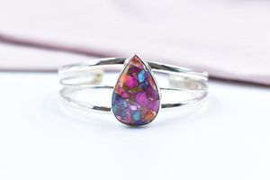 Handmade phong cách cổ điển màu hồng Dahlia Turquoise thép không gỉ Bangle điều chỉnh Sterling Bạc Vòng đeo tay cho phụ nữ Quà Tặng - Product Image 3