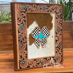 2025 Exclusive <b>A4</b> Size Hand Tooled Leather <b>Folder</b> Hair On Cowhide Floral Design <b>Portfolio</b> With Zippered Closure and Ring Binder - Product Image 1