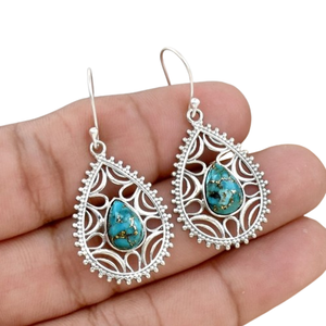 Boucles d'oreilles pendantes faites à la main en argent sterling 925 avec pierre précieuse turquoise naturelle, plaquées platine, bijoux cadeau tendance - Product Image 1