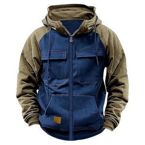 Chaqueta con capucha y cremallera con cuello levantado para hombre al por mayor RTS, ropa de calle con bloque de color y logotipo personalizado, abrigo informal con capucha multibolsillo - Product Image 1