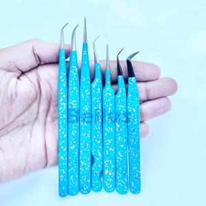 Pinzas de pestañas con revestimiento de purpurina azul personalizadas, venta al por mayor, suministros de extensión de pestañas profesionales, herramientas de salón OEM disponibles - Product Image 6