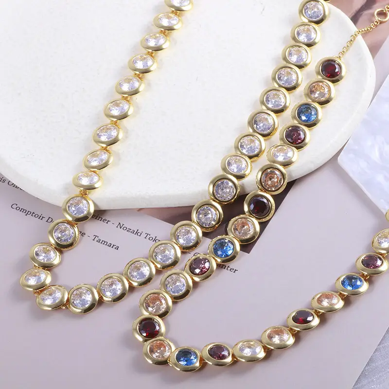 chain jewelry stone cz brass rounded gold bezel tennis necklace