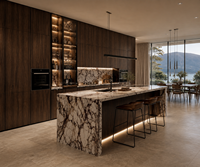 Meuble de cuisine moderne KEJIA avec panneaux en bois foncé, vitrine de rangement en verre et îlot haut cascade pour résidences