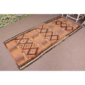 Tapis écologique turc 3,6x7,7 pieds, tapis en laine Kilim vintage patchwork avec envers en latex, orange - Product Image 2