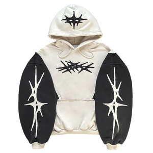 2025 hommes Hip Hop bicolore sweat à capuche surdimensionné patchs de broderie brute 100% coton éponge cordon pull sweat polaire imprimé - Product Image 4