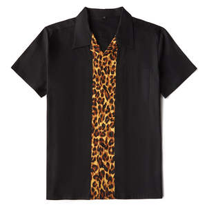 <b>Men's</b> Vintage Black Bowling <b>Shirt</b> with <b>Leopard</b> <b>Print</b> Vertical Contrast Panel, Notch Lapel, and Breathable Performance Fabric - Product Image 1