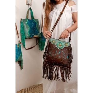 High Quality <b>Boho</b> Vintage Women's Western-Style Turquoise Stone Leather Shoulder <b>Bag</b> Single Strap Embroidery Fringe New Hide Fur - Product Image 3