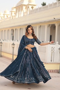 Traje de Sari Lehenga Choli DE TRABAJO bordado de imitación tradicional indio, ropa de boda alta, vestido Formal largo para mujer Dupatta de red - Product Image 2