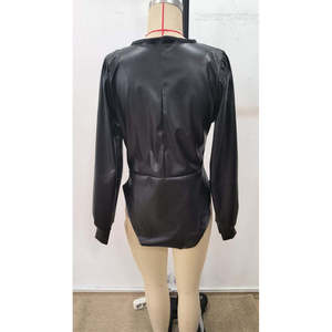 Women's <b>Long</b>-<b>Sleeved</b> Deep V-Neck Leather <b>Bodysuit</b>, 37794 - <b>Black</b> - Product Image 6