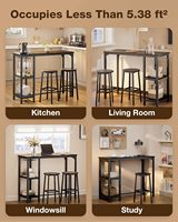 Ensemble table et chaises de bar noir, table à manger avec 2 tabourets de bar, comptoir de cuisine industriel avec étagère et étagères de rangement