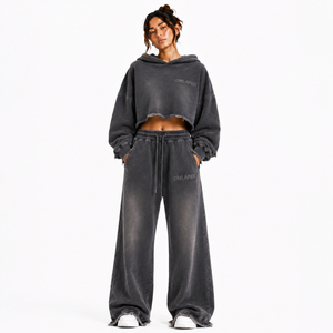 Women's Black Acid Wash Rhinestone Cropped Distressed Hoodie Wide Leg <b>Sweatpants</b> Heavyweight Cotton Winter Streetwear Fleece - Product Image 1