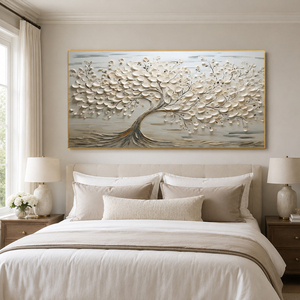 White and Silver Tree of Life Textured Oil Painting House Hotel Decoration Interior Decorative Arts Large Calming Artwork - Product Image 1
