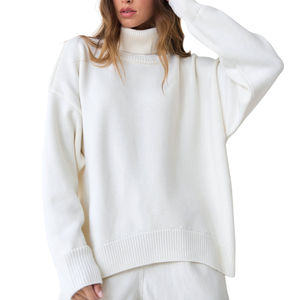 Pull à col montant en molleton de haute qualité pour femmes, long, tricoté, à porter au quotidien, couleur unie, surdimensionné, lourd - Product Image 2