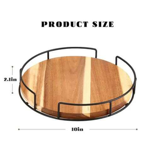 Plateau en bois d'acacia artisanal avec poignées en métal, élégant plateau rond pour servir le petit-déjeuner, les collations ou comme présentoir sur la table basse - Product Image 5
