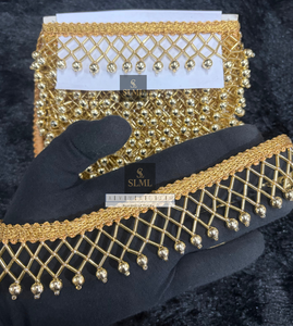 High Quality Gold Finish Net Pattern Bead Tassel Fringe Lace for Weeding and Ethanic <b>Saree</b> Blouse Dupatta Lehenga Decoration - Product Image 1
