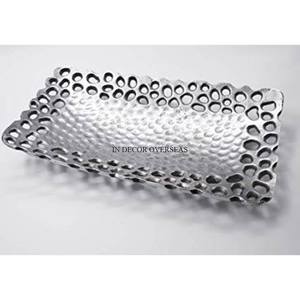 Silver Finishing Shiny Polished Round Shape Heavy Duty Metal Serving <b>Tray</b> <b>With</b> Gold Plated Leaves Design Handles For Best Grip - Product Image 6