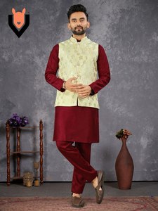 Party Wear <b>Silk</b> Kurta <b>Pyjama</b> With Heavy Jacquard Coti By Wholesale Exporter Fabzone - Product Image 2