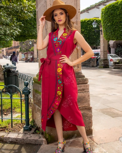 Vestido Cruzado Amarillo Bordado para Mujer, Estilo Étnico Mexicano, Hecho a Mano, Algodón, Maxi, Cintura Natural con Lazo, Estilo Boho, Verano, Ecológico, Boutique - Product Image 5