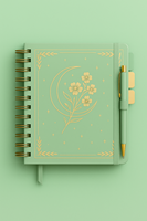 Carnet spirale LABON esthétique avec estampage doré motif fleur de lune, papeterie, journal avec porte-stylo et intercalaires à onglets