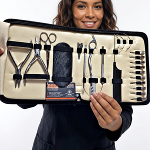 Herramientas de Peinado con Acabado Plateado, Kit de Herramientas para Extensiones de Cabello Todo en Uno Personalizable con Pinzas, Tijeras, Clips y Lazos para Salón - Product Image 1