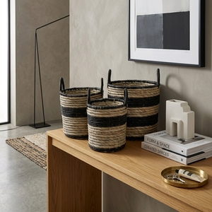 Natural Mendong Grass Recycled <b>Plastic</b> <b>Basket</b> Set Black Stripe Coiled Arch Handle Cylinder Pot Planter Pure Art Setup Room Craft - Product Image 4