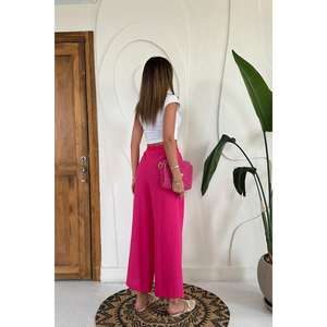 Pantalones Anchos de Lino Fucsia de Cintura Alta al por Mayor con Característica Transpirable - Product Image 1