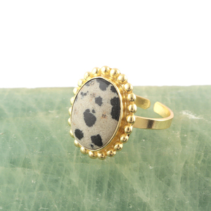 Anillos Ajustables Abiertos de Jaspe Dálmata con Forma Ovalada, Chapados en Oro Amarillo, Anillos de Diseño, Anillos Apilables, Venta al Por Mayor - Product Image 3