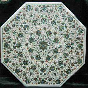 Table basse de luxe en marbre blanc incrusté de meubles de maison de style traditionnel élégant pièce décorative pour le salon - Product Image 4