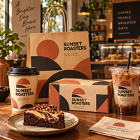 Ensemble d'emballages personnalisés pour café AT PACK avec des sacs en papier kraft, des gobelets en papier, des gobelets en PET, des boîtes alimentaires en carton ondulé et des serviettes