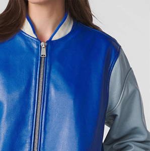 Custom Size Winter <b>Canvas</b> Varsity Jacket Full Leather Body in Varsity <b>Blue</b> Grey Sleeves Nonwoven Weaving Method - Product Image 5