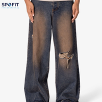 Jeans Rectos de Alta Calidad para Hombre, Estilo Urbano, Lavado a la Piedra, Desgastados, con Logotipo Bordado en la Cintura, 100% Algodón