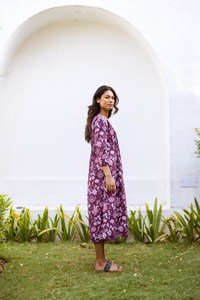 Vestido Bohemio de Morera Hecho a Mano, Estampado a Mano con Bloques, Algodón Casual, Informal, de Algodón Puro con Estampado Floral - Product Image 3